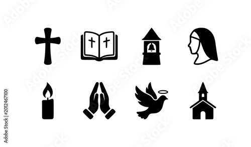 Black and white Christian religious icon collection with church cross Bible bell nun and candle vector