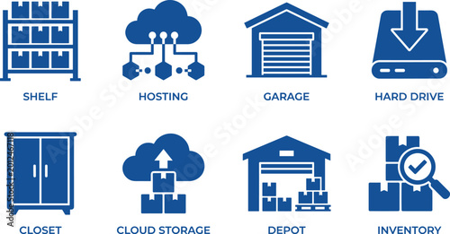 Tableau sur toile Storage and logistics icons set featuring cloud hosting garage hard drive shelf closet depot and inventory symbols