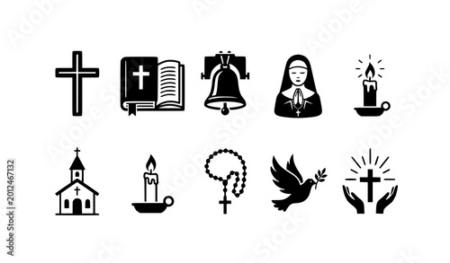 Schilderij op canvas Christian church symbol icon set with cross Bible bell nun and candle black silh