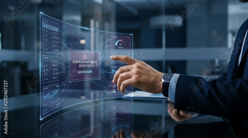 Businessman interacting with holographic interface showing suspicious activity alert