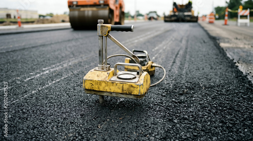 Nuclear density gauge sitting on a fresh asphalt mat during a compaction test