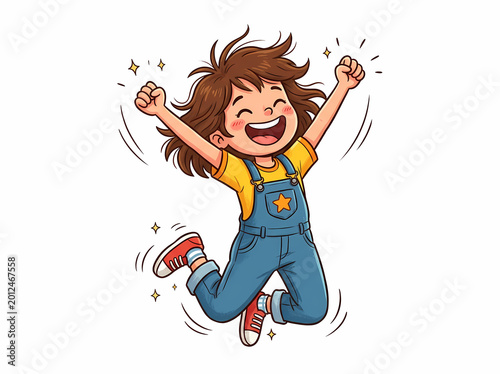 A joyful cartoon child jumping with excitement and happiness.