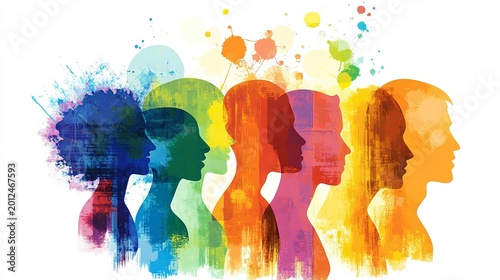 Colorful silhouettes of diverse heads showcase a dynamic representation of unity and individuality. Each profile bursts with artistic expression, symbolizing a rich tapestry of cultures and ideas
