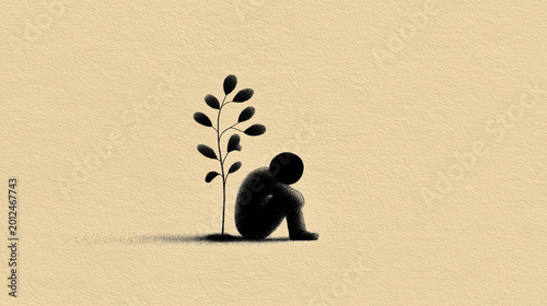 Person Sitting on Floor Hugging Knees While Small Houseplant Grows Toward Light - Gentle Metaphor for Healing and Emotional Recovery, Black and White Ink Illustration

