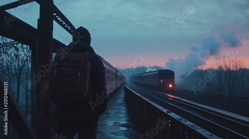 In the stillness of early morning, a lone traveler with a backpack gazes towards a steam train approaching on a misty railway. The sky glows softly with shades of blue and pink