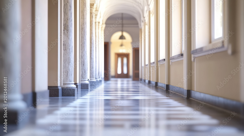Fototapeta premium Elegant hallway showcasing a long perspective with neoclassical pillars lining one side, light reflecting on a glossy checkered floor, and a distant door providing depth and symmetry