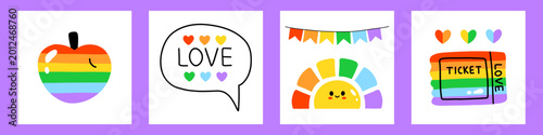 Vector poster set of lgbt pride square sticker design with rainbow apple, love speech bubble, cute sun, love ticket. Colorful queer gay illustration collection for equality, support and celebration.