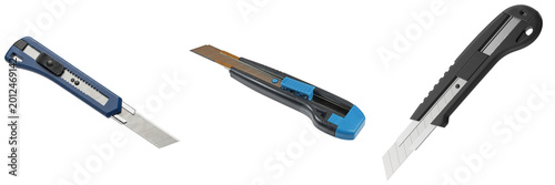 Photos Three different utility knives with retractable blades on a transparent backgrou