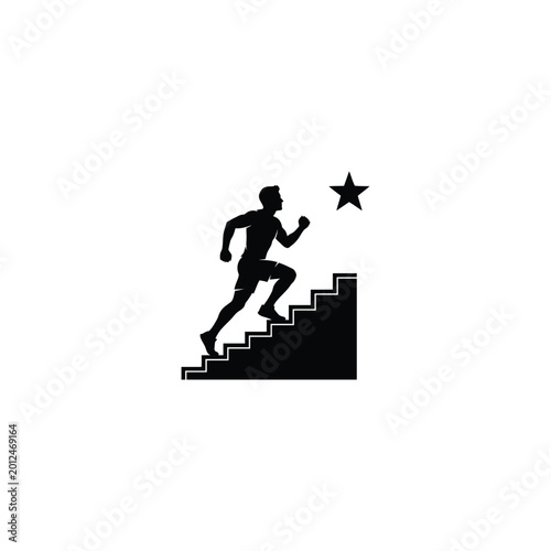A person runs up stairs reaching for a star symbol overhead.