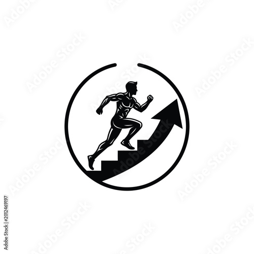 A determined athlete runs up the stairs towards success.