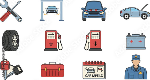 Collection of colorful car service icons and symbols used for repair and maintenance