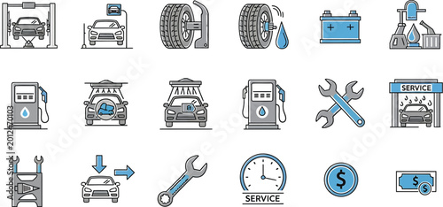 Car service icons set with tools and parts for auto repair shops and garage businesses