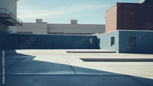 Minimalist urban architecture with clean concrete planes, sharp geometric lines and strong daylight shadows creating graphic patterns under a clear blue sky