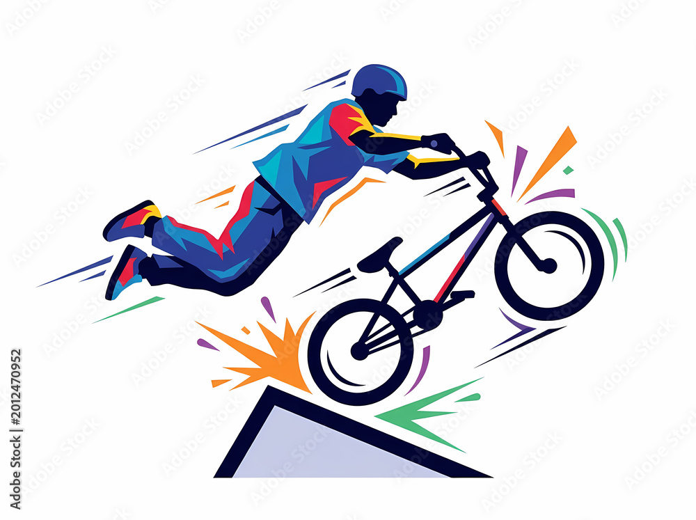 Fototapeta premium Colorful illustration of a cyclist performing a jump on a bmx bike.