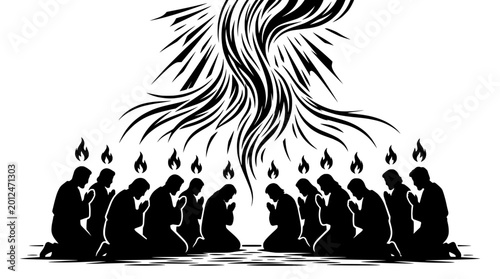 Schilderij op canvas Black and white pentecost silhouette of apostles praying with holy spirit fire a