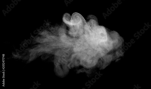 Schilderij op canvas White smoke cloud isolated on black background with realistic fog texture, vapor effect, mist overlay and abstract dust explosion for graphic design, cinematic visual effects and creative editing
