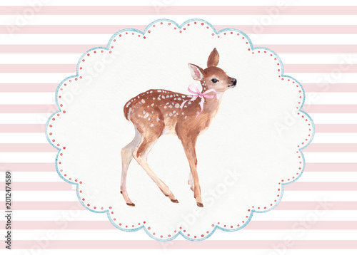 Konstfotografi Cute Baby Deer Watercolor Illustration with Bow in Decorative Frame on Striped B