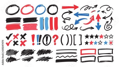 Hand-Drawn Vector Marker Elements Set Featuring Arrows, Circles, Underlines, Stars, and Correction Marks in Black, Red, and Blue Ink
