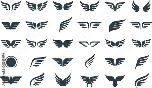 Collection of 24 black and white minimalist wing icons set on transparent background for design