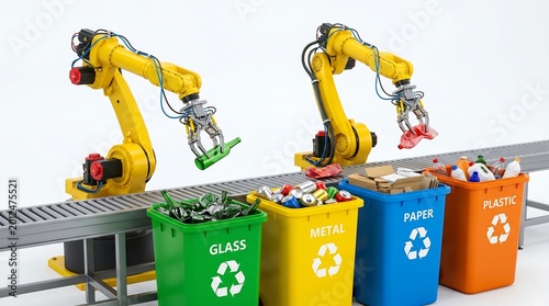 Robotic arms sorting trash into recycling bins on conveyor belt