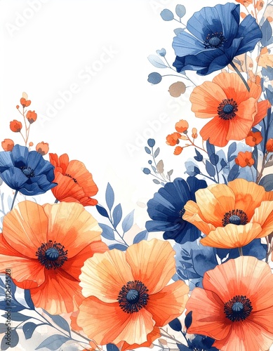 Vibrant watercolor poppies bloom in shades of orange, red, and blue