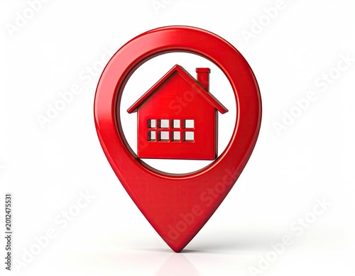 Red glossy house icon within a map pin pointer, 3D render