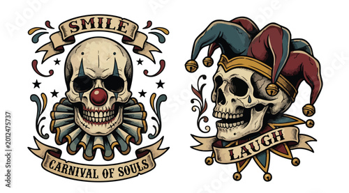 Fotografie Vintage clown and jester skull illustrations with ornate details