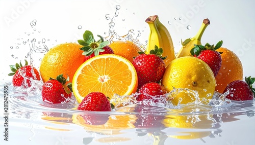 Vibrant assortment of fresh fruits with water splashes, on a bright white background