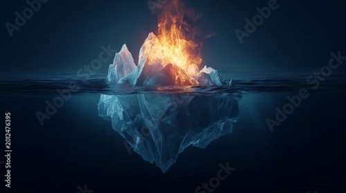 floating iceberg made of glass with fire burning inside paradox concept transparency vs heat ultra realistic dramatic lighting dark ocean background
