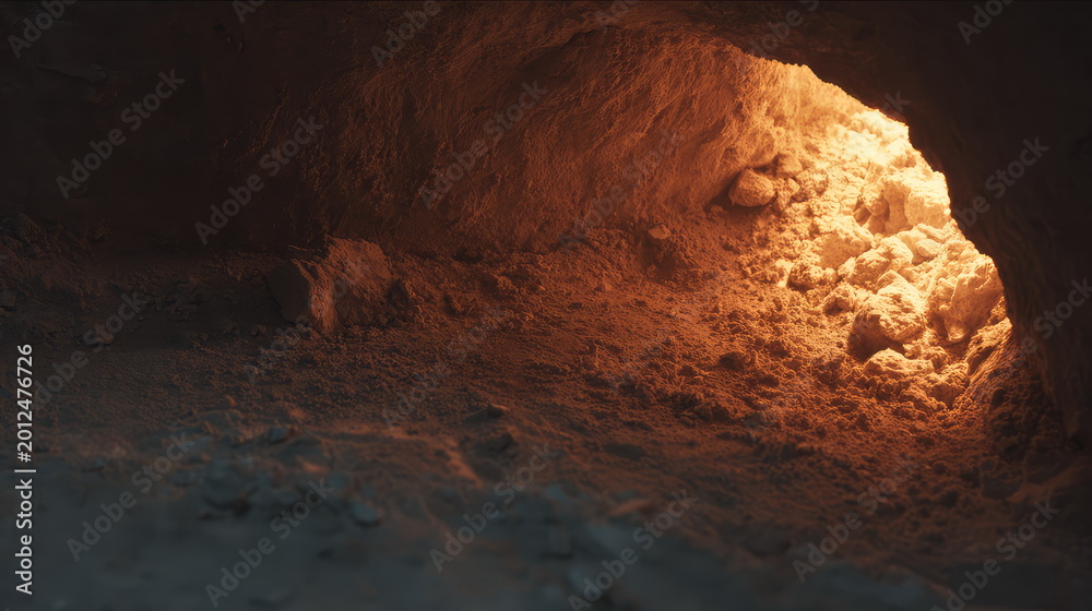 Fototapeta premium Dark cave interior showing a narrow tunnel and rock formation, leading towards a bright exit, highlighting themes of escape, discovery, and new beginnings