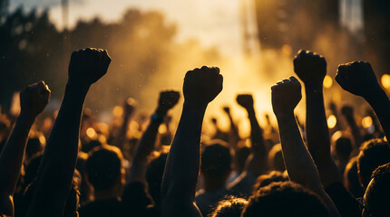 Raised fists silhouette during sunset protest | Black lives matter and freedom movement | Unity and strength in juneteenth celebration
