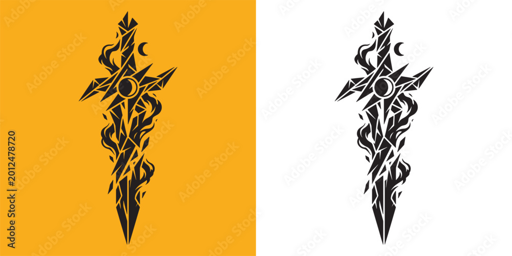Obraz premium Dark Fantasy Dagger Silhouette with Flame and Moon Shard Details
