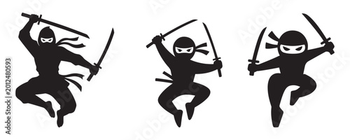Ninja warrior silhouette vector set with jumping action poses and swords isolated on transparent background.
