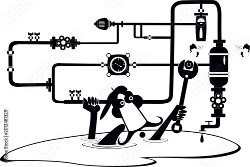 Brocken pipe construction. Cartoon mechanic with a wrench repairs pipe construction to stop water flow