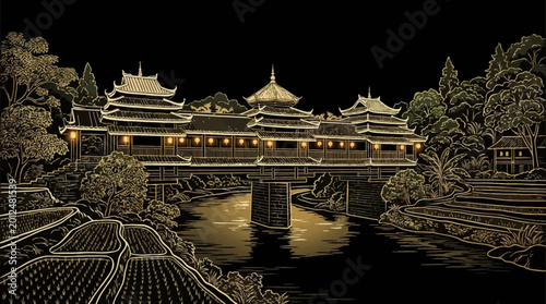 Obraz na płótnie Chinese traditional architecture night scene with pagoda style buildings and ser