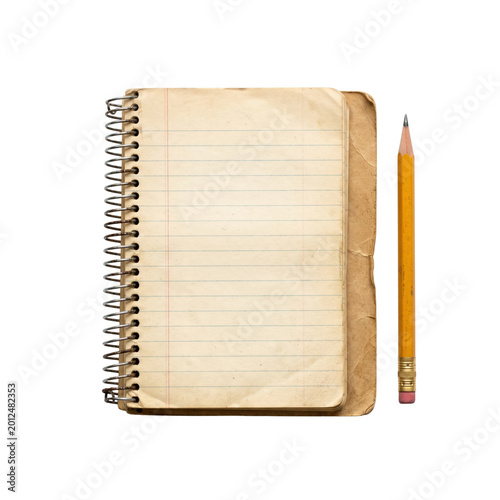 Photos Vintage spiral notebook and yellow pencil mockup