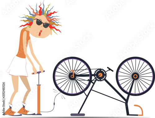 Female cyclist inflates the wheel.
Cyclist and a broken bicycle