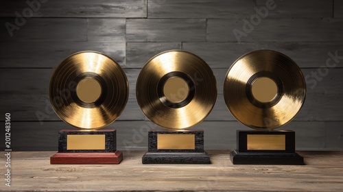 Three gleaming golden records with blank plaques, arranged on a wooden surface