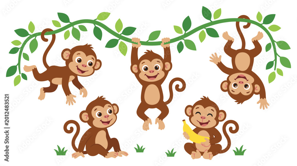 Naklejka premium Playful monkey characters climbing on jungle vines and eating fruit.