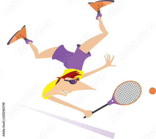 Male person playing tennis 
Tennis court. Young man hits the ball while falling