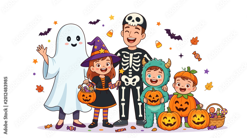 Fototapeta premium Cartoon illustration of a cheerful family in Halloween costumes, including ghost and skeleton outfits, standing with carved pumpkins and sweets on a clean white background with scattered