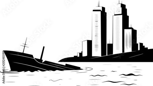 Tableau sur toile Sinking ship in choppy water against a stark silhouette of modern city skyscrape