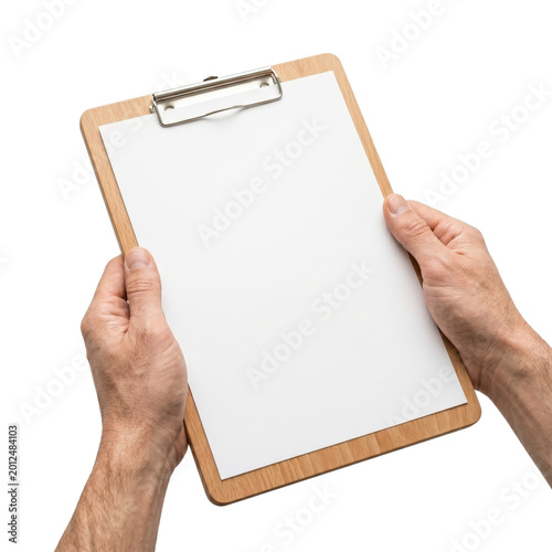 фотографія Man holding a wooden clipboard with a blank white paper