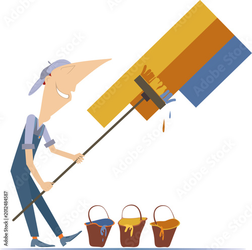 Cute painter with a paint brush paints the wall in three colors