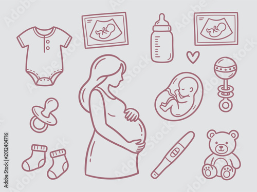 Cuadro en lienzo Pregnancy and Newborn Baby Elements Flat Vector Set, Motherhood Maternity Icon I