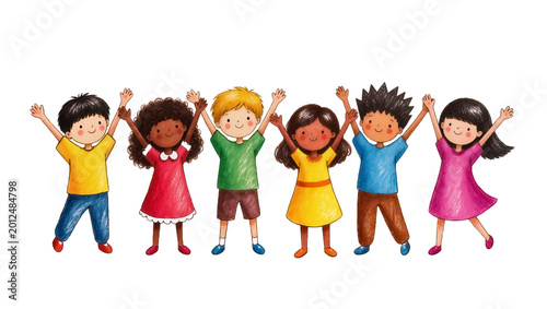 Diverse group of happy children holding hands, isolated on transparent background
