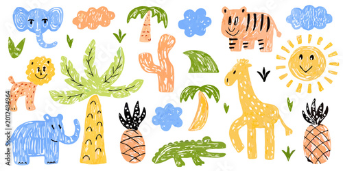Photography Children s illustration of safari animals and tropical plants on black