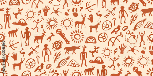 Foto Seamless prehistoric cave painting pattern with animal and human figures