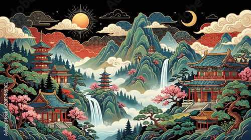 Photos Vibrant Asian landscape with pagodas and waterfalls under sun and moon