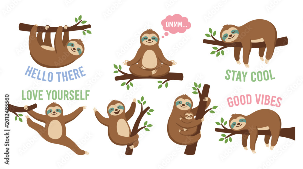 Fototapeta premium Collection of sloths in various relaxed and meditative poses.